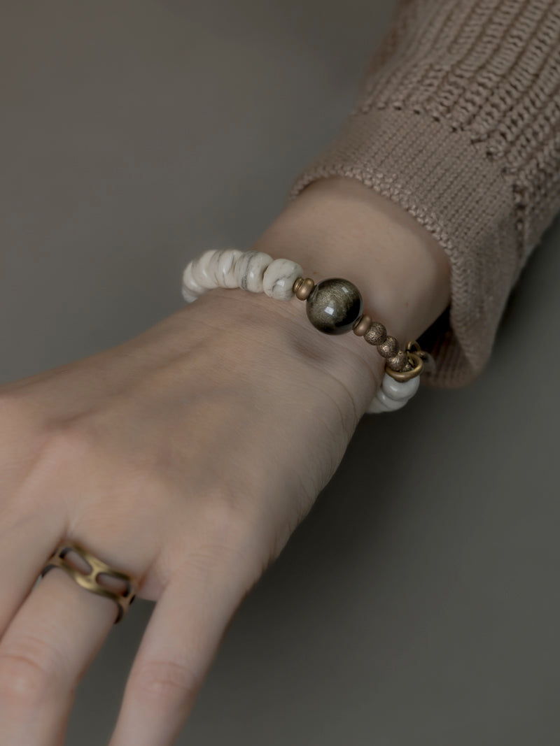 【White Tibetan Light】Bovine Bone / Obsidian Bracelet
