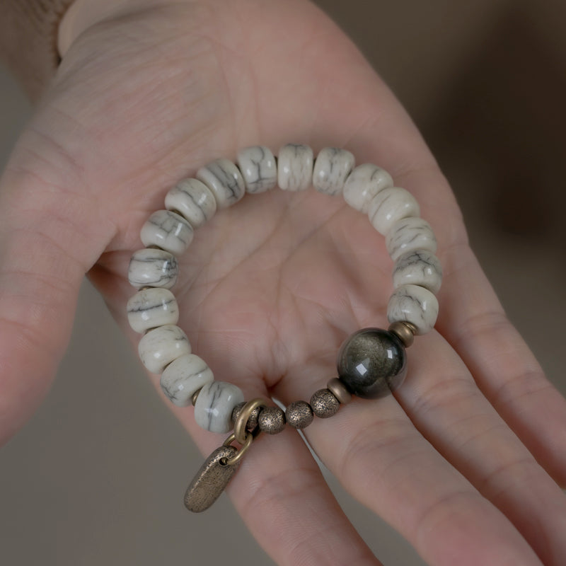 【White Tibetan Light】Bovine Bone / Obsidian Bracelet