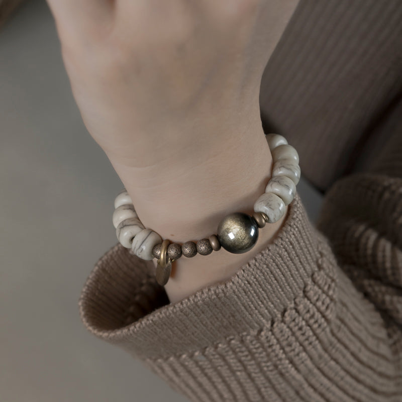 【White Tibetan Light】Bovine Bone / Obsidian Bracelet